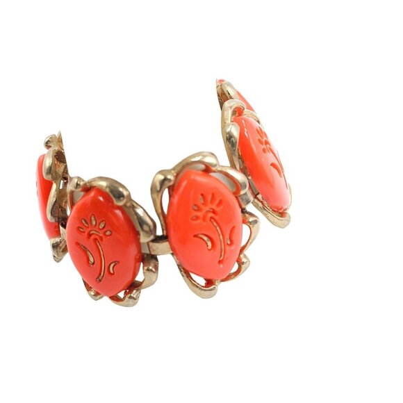 Orange Lucite Thermoset Flower Link Bangle Bracelet Gold Tone Vintage - Picture 2 of 8